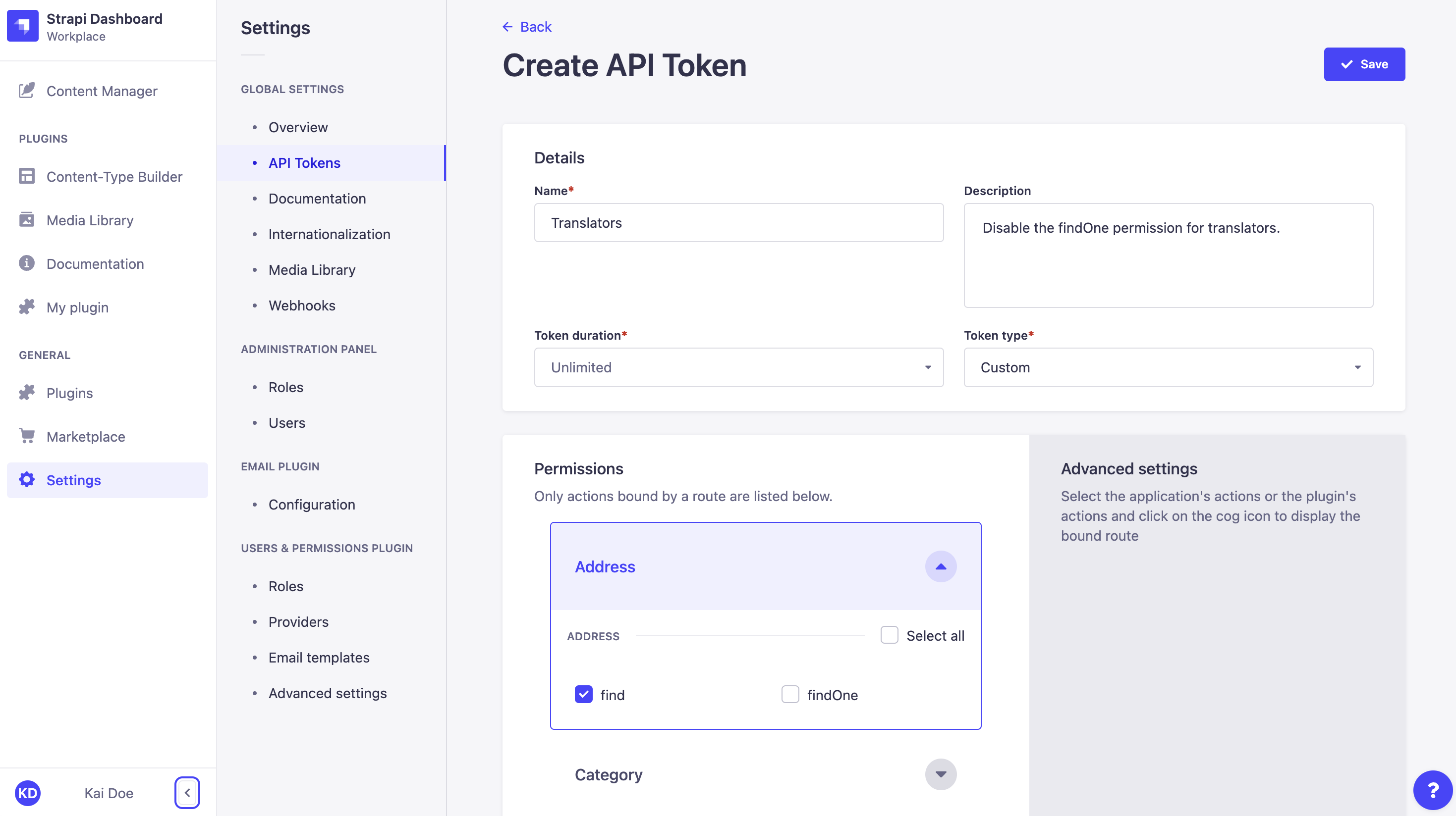 Custom API token