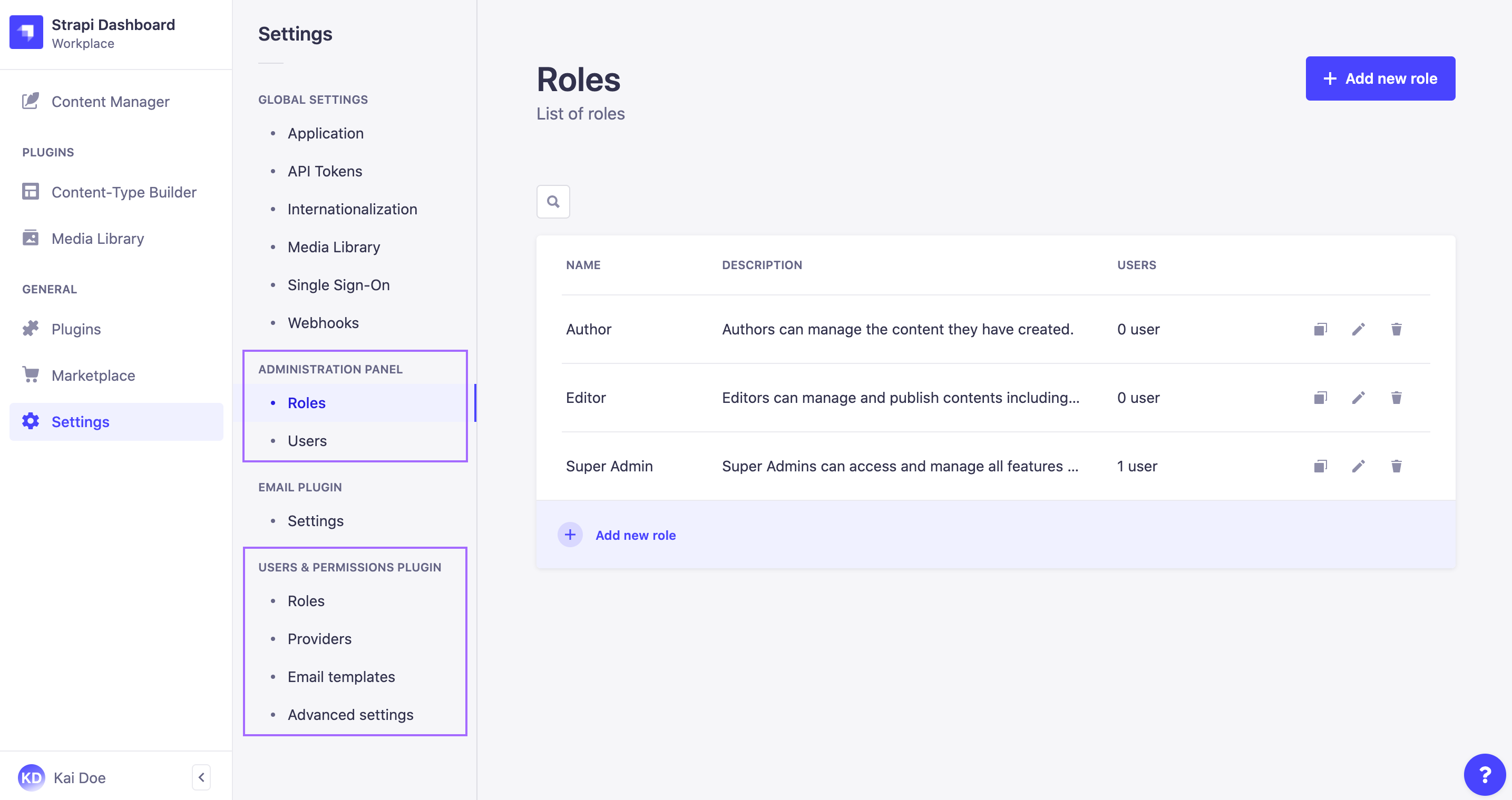 Users, permissions and roles settings